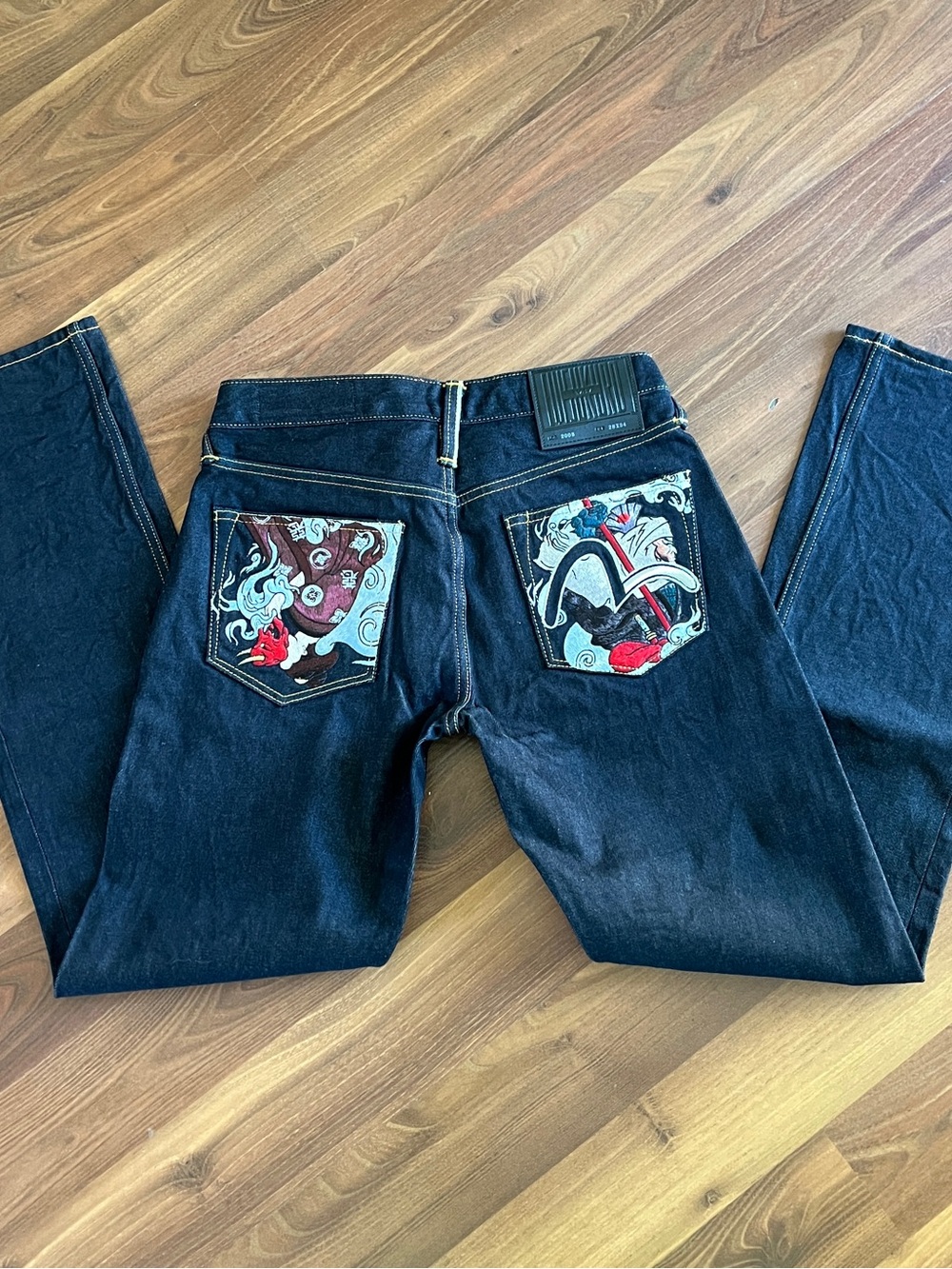 Evisu Dark Blue Straight Jeans with Red & Cream Embroidered Pockets